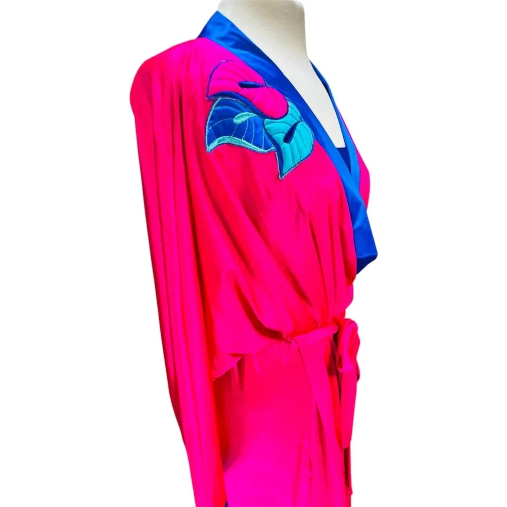 VTG Bright Pink Blue Gown Satin Slip Robe Set Tropical Monstera Leaf M Peignoir